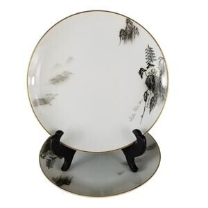 Set of 2 Fukagawa Arita 903 Hand Painted Pagoda Landscape Salad Plates 7.5"